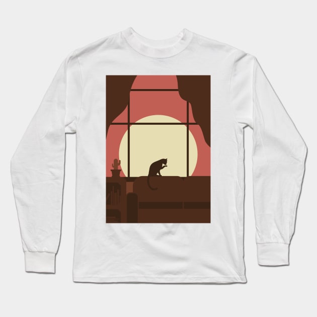 LOFI Cat Sunset Bedroom Long Sleeve T-Shirt by Adrian's Outline